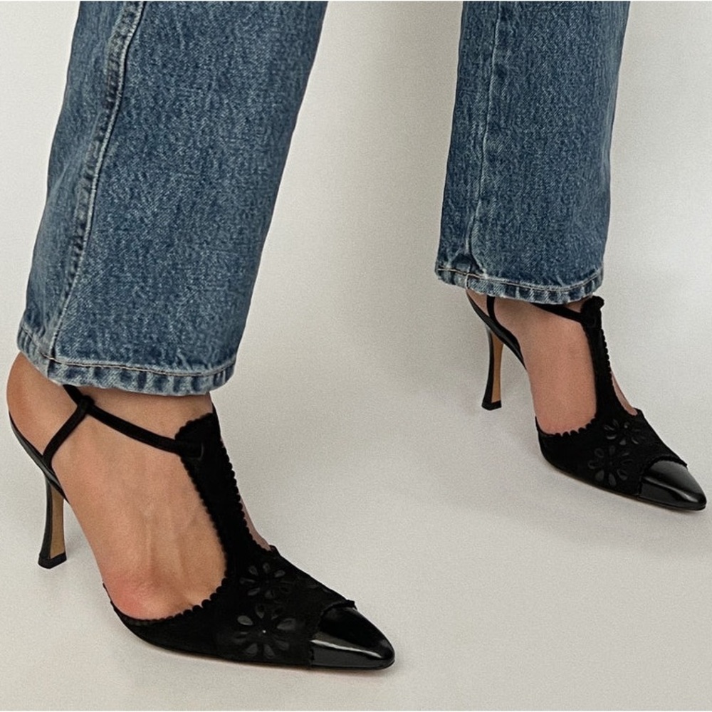 Manolo Blahnik Black Suede Pumps with T-strap and Floral Embellishment - Picture 3 of 13